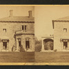 Family posing in front and in the porch of Stone House.