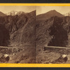 Devil's Gate from the south, the high peaks of the Wahsatch [Wasatch] in the distance. Union Pacific Railroad.