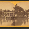 Group at unidentified resort, including people in row boat, on dock, African American man holding horse.