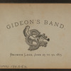 Gideon's Band. Brown's Lake, June 23 to 30, 1875. [Group of women looking at man kneelling, with tents in the background.]