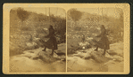 Mocassin Bill's daughter [woman wearing short buckskin dress and sword and holding rifle standing on a rock in a creek or river, dog waiting on bank.]