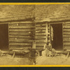 An hour's hunting. [Woman checking a girl's head for lice in front of cabin.]
