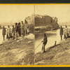 Dutch Gap canal and group of soldiers. Taken after the bank was blown out. On the extreme end a portion of the bank remains, which forms a profile, which the soldiers call Jeff. Davis.