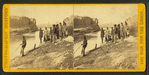 Dutch Gap canal and group of soldiers. Taken after the bank was blown out. On the extreme end a portion of the bank remains, which forms a profile, which the soldiers call Jeff. Davis.