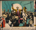 Rudolph Valentino and other cast members set in an illustrated border showing a man, lower left, wearing a cape and playing a guitar, looking at woman in balcony in upper right