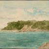 A river and its rocky shore with a walk leading to a dockside building, a promontory