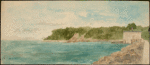 A river and its rocky shore with a walk leading to a dockside building, a promontory