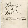 Ms. leaf recto, front cover of holograph notebook. Passage to India. Completion Pacific RR, 1869.
