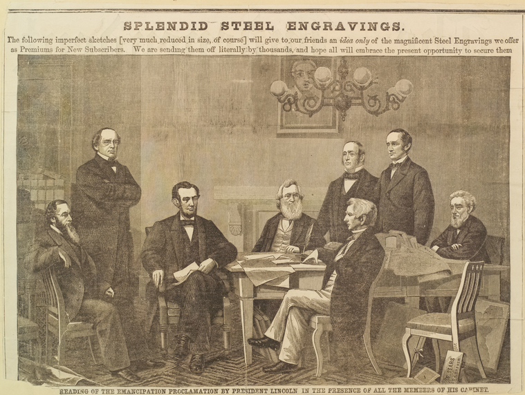 First reading of the Emancipation Proclamation by President Lincoln in the presence of all the members of his cabinet