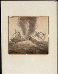 A sailing ship is blown apart.