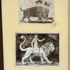 A mythical bull and a lion with a child on its back.