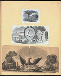 Firemen fighting blaze; allegorical symbols of arm and hammer and phoenix.