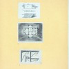 Schematic drawing for a skylight, a floor plan, and a schematic drawing for crown moldings.