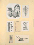 Furniture, chandelier, tools.