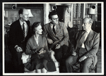 Director John Gielgud, Jessica Tandy, playwright Peter Shaffer, and Roland Culver in the stage production Five Finger Exercise