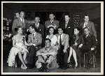 In rehearsal for the musical Me and Juliet, L to R (standing): George Abbott (direction), Richard Rodgers (music), Oscar Hammerstein II (lyrics), Robert Alton (choreography) and Jo Mielziner (set design); L to R (seated): Joan McCracken (Betty Loraine), Ray Walston (Mac), Mark Dawson (Bob), Isabel Bigley (Jeanie), Bill Hayes (Larry), Irene Sharaff (costumes) and Jackie Kelk (Herbie)