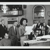 Samuel Taylor [book], Richard Kiley [David Jordan], Richard Rodgers [music], Diahann Carroll [Barbara Woodruff], Bernice Massi [Comfort O'Connell], Peter Matz [musical director and dance arranger, at piano], Mitchell Gregg [Louis de Pourtal], Polly Rowles [Molly Plummer] and others at rehearsal for the stage production No Strings