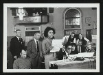 Samuel Taylor [book], Richard Kiley [David Jordan], Richard Rodgers [music], Diahann Carroll [Barbara Woodruff], Bernice Massi [Comfort O'Connell], Peter Matz [musical director and dance arranger, at piano], Mitchell Gregg [Louis de Pourtal], Polly Rowles [Molly Plummer] and others at rehearsal for the stage production No Strings