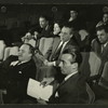 Joshua Logan (director), John Fearnley (casting), Leland Hayward (producer), Richard Rodgers (music), Shirley Rich (casting), Oscar Hammerstein II (lyrics) and Margot Hopkins (assistant to Richard Rodgers) at auditions for South Pacific]