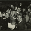 Joshua Logan (director), John Fearnley (casting), Leland Hayward (producer), Richard Rodgers (music), Shirley Rich (casting), Oscar Hammerstein II (lyrics) and Margot Hopkins (assistant to Richard Rodgers) at auditions for South Pacific