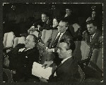 Joshua Logan (director), John Fearnley (casting), Leland Hayward (producer), Richard Rodgers (music), Shirley Rich (casting), Oscar Hammerstein II (lyrics) and Margot Hopkins (assistant to Richard Rodgers) at auditions for South Pacific