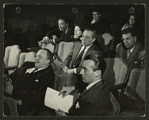 Joshua Logan (director), John Fearnley (casting), Leland Hayward (producer), Richard Rodgers (music), Shirley Rich (casting), Oscar Hammerstein II (lyrics) and Margot Hopkins (assistant to Richard Rodgers) at auditions for South Pacific