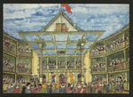 Postcard drawing of the audience and stage of the Globe Theatre