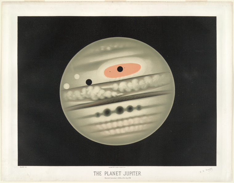 Étienne Léopold Trouvelot, The Planet Jupiter, As Observed November 1, 1880 at 9.30pm, chromolithograph print, Plate IX in The Trouvelot Astronomical Drawings: Atlas. The New York Public Library Digital Collections.