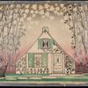 A set design of a cottage in a wooded setting, executed in ink, watercolor, and silver paint