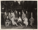 1932. Back row: Ernst Paul Fiene, Joshua Kunitz, Leonard Ehrlich, Aaron Copland, George Milburn, Waldo Frank, Morris L. Ernst, Joseph Vogel. Front row: Malcolm Cowley, unidentified woman, Marion Greenwood, unidentified woman and man