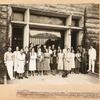 1938. Back row: Hubert Skidmore, Kenneth Fearing, Fred R. Miller, unidentified man, Wallace Stegner, unidentified man, Joseph Vogel, Charles Naginsky, Henry Roth. Front row: Leonard Ehrlich, Muriel Parker, Marjorie Peabody Waite, Mary Barnard, Rebecca Pitts, Muriel Rukeyser, Edna Guck, unidentified woman, Margaret Helene, Elizabeth Ames, Mrs. Willard Thorp, Susie Fuchs, Daniel Fuchs, Willard Thorp.