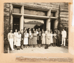 1938. Back row: Hubert Skidmore, Kenneth Fearing, Fred R. Miller, unidentified man, Wallace Stegner, unidentified man, Joseph Vogel, Charles Naginsky, Henry Roth. Front row: Leonard Ehrlich, Muriel Parker, Marjorie Peabody Waite, Mary Barnard, Rebecca Pitts, Muriel Rukeyser, Edna Guck, unidentified woman, Margaret Helene, Elizabeth Ames, Mrs. Willard Thorp, Susie Fuchs, Daniel Fuchs, Willard Thorp.