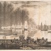 Ships in the harbor at night with explosions or fireworks in the distance