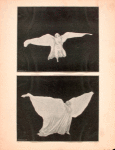 Two images of Loie Fuller dancing in a white costume.