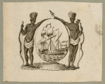 Two figures in headdresses resting on image of a ship