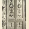 Porte à deux vanteaux décorés de médaillons, de personnages, de cartouches, de lambrequins et d'arabesques peints et dorés se détachant sur champ vert. Ecole française, époque de Louis XVI 