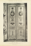 Porte à deux vanteaux décorés de médaillons, de personnages, de cartouches, de lambrequins et d'arabesques peints et dorés se détachant sur champ vert. Ecole française, époque de Louis XVI 
