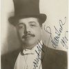 Autographed full-face portrait photo of Serge Diaghilev in top hat.