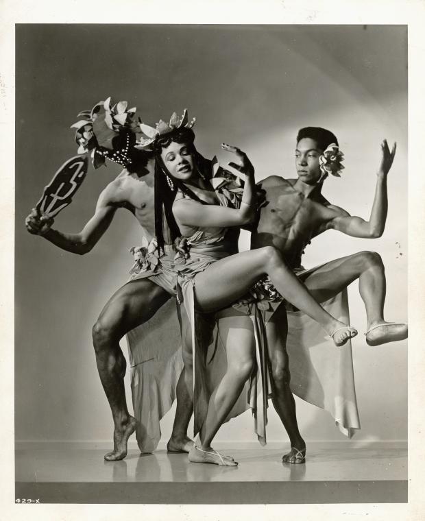 Roger Ohardieno, Katherine Dunham, and Tommy Gomez performing Rara Tonga in Tropical Revue.