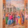 Full-page miniature of the Sermon on the Mount, thought to contain portraits of specific individuals. Elaborate full border with human figures