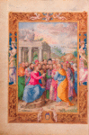Full-page miniature of the Sermon on the Mount, thought to contain portraits of specific individuals. Elaborate full border with human figures