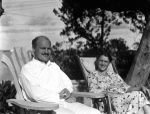 Joel and Gertrude Sayre in lawn chairs in Bermuda