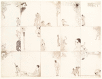 Fifteen blank cards on one sheet, uncut, depicting a Japanese man watching a skeleton dance, a soldier and a dancing couple, three Japanese under the moon, etc.
