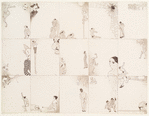 Fifteen blank cards on one sheet, uncut, depicting a Japanese man watching a skeleton dance, a soldier and a dancing couple, three Japanese under the moon, etc.