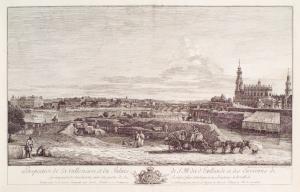 Perspective de la ville neuve, et du Palais de S.M. dit d'holland es des environs de la campagne de Losehúwitz, avec une partie de la Roïate Eglise Catolique, et des bastions de la ville de Dresde, prise del prairie Toignant au Eeuries Roïales et à L'o...
