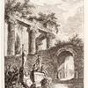 Statues, columns, and an archway with a person entering