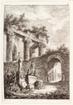 Statues, columns, and an archway with a person entering