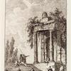 Figures sitting on some stairs; a portico with a sculpture of a grieving face on top