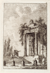 Figures sitting on some stairs; a portico with a sculpture of a grieving face on top