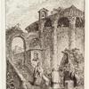 A figure next to thatched roofed hut, a stairway leading to an archway with a figure descending; a rotund building with a bell tower